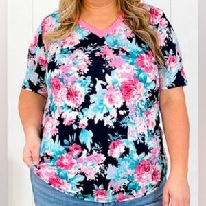 Heimish Navy & Pink Floral Short Sleeve V Neck Top Size 2XL Like New